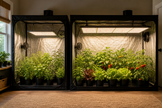 Two indoor grow tents comparing compact and broader grow light coverage over herbs and vegetables