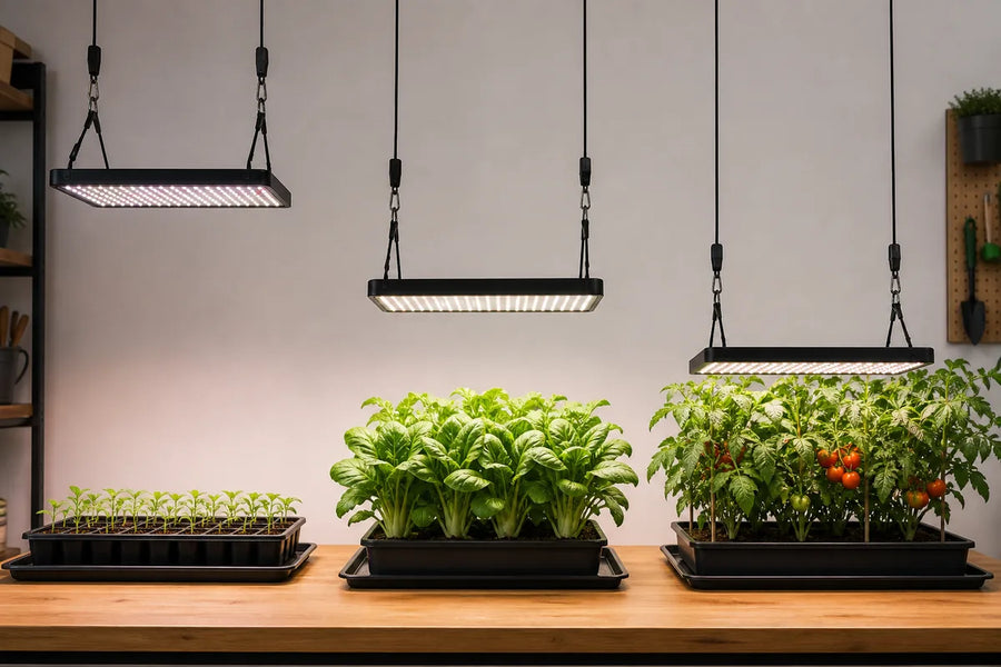 LED grow lights at different distances above seedlings leafy greens and mature tomato plants