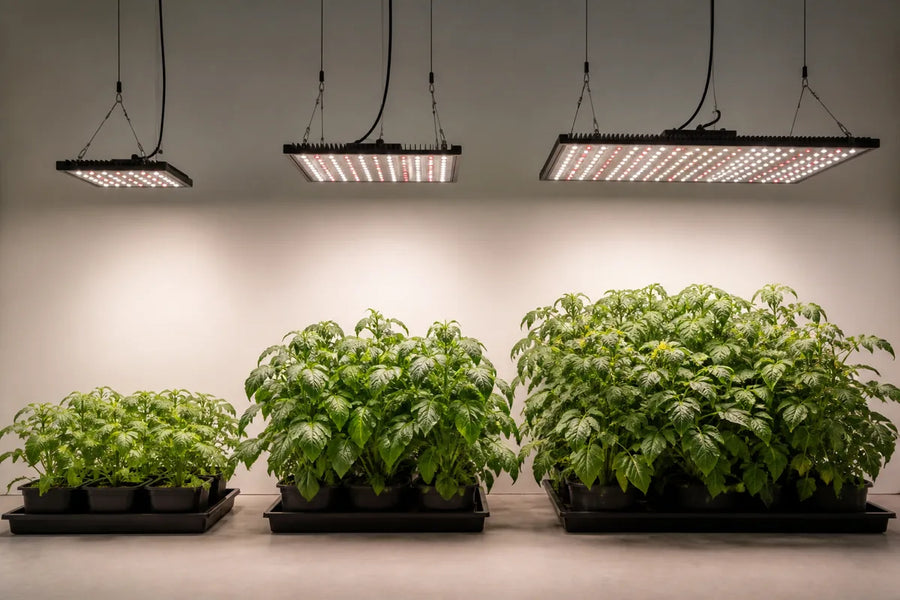 Small medium and large indoor plant canopies matched with correctly sized LED grow lights