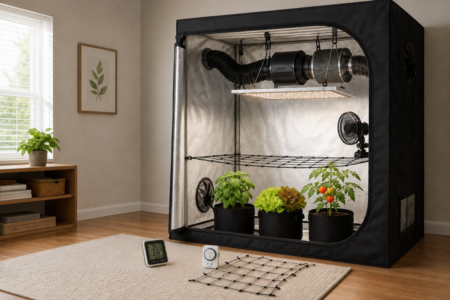 Complete beginner grow tent kit with LED light ventilation monitoring and fabric pots