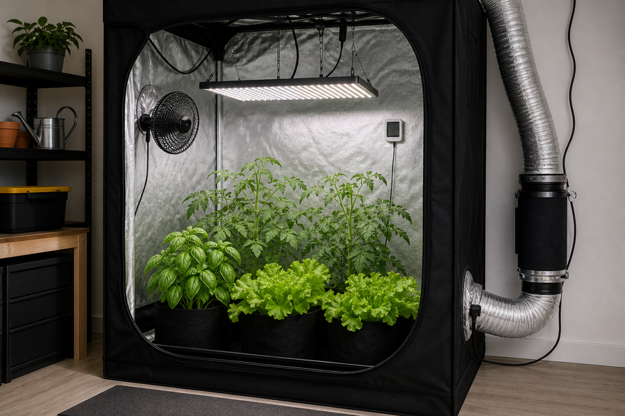 Open grow tent temperature control setup with LED light, exhaust duct, circulation fan, climate sensor, basil, lettuce, and tomato plants