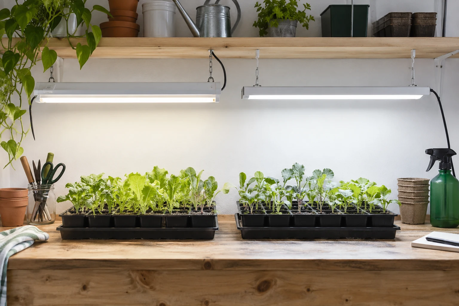 Unbranded linear lights above seedling trays in an illustrative setup