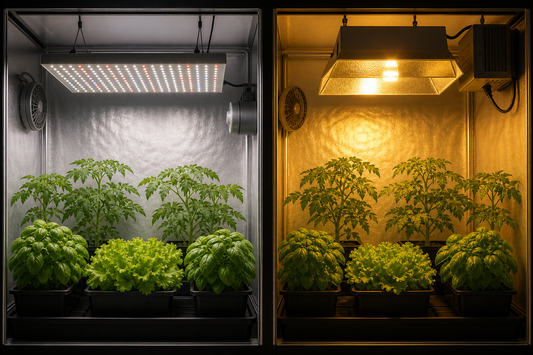 Side-by-side indoor garden comparison with a full-spectrum LED panel and an HPS reflector over basil, lettuce, and tomato plants