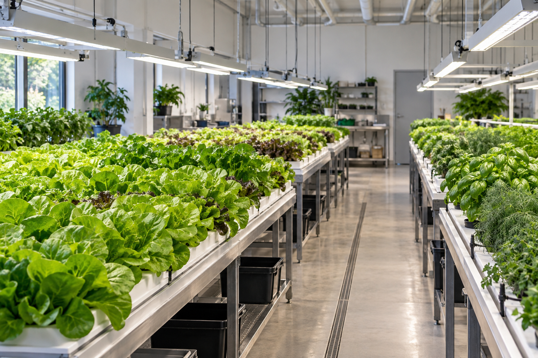 Indoor lettuce nursery with overhead horticultural lights