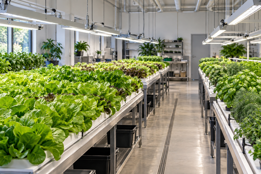 Indoor lettuce nursery with overhead horticultural lights