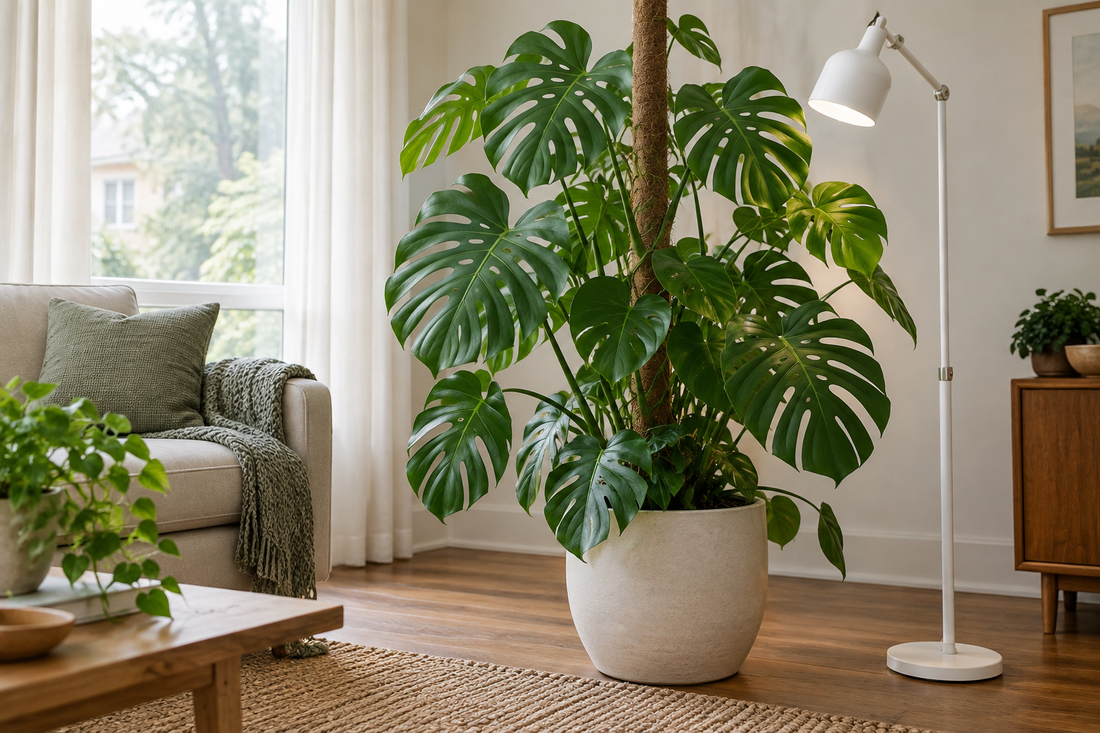 Monstera plant with an adjustable lamp in a living room