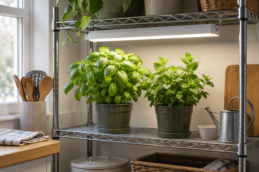 A modest home herb shelf with a simple light