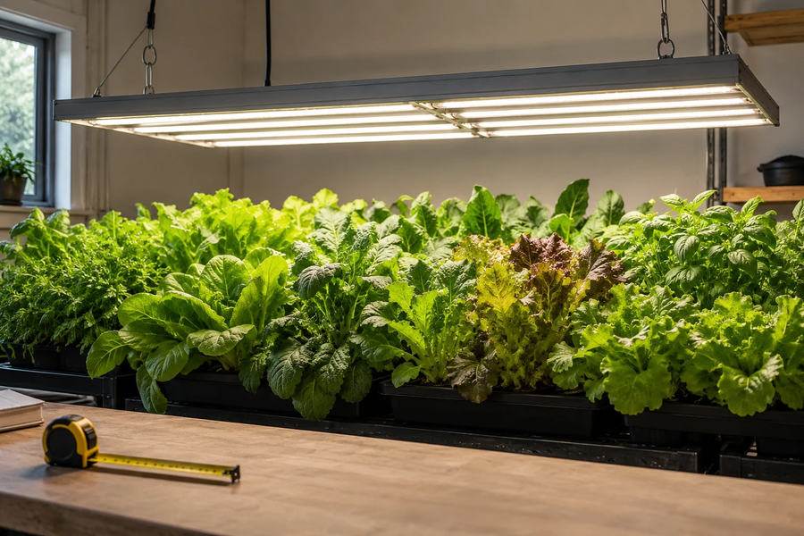 Illustrative indoor plants beneath an unbranded bar LED light