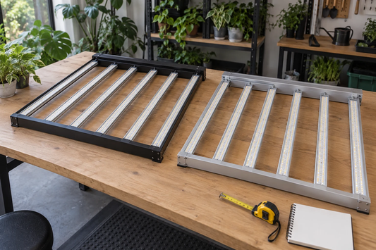 Two generic LED bar fixtures on an illustrative fitting bench