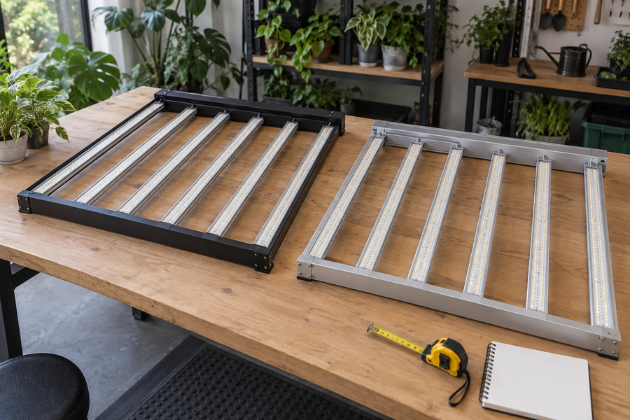 Two generic LED bar fixtures on an illustrative fitting bench