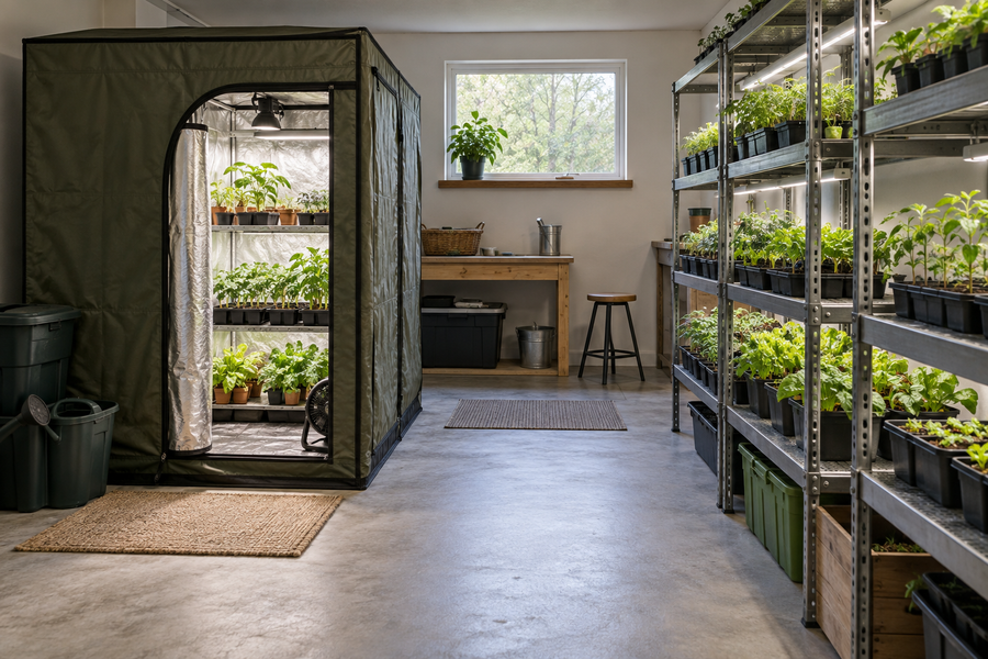 Freestanding garden tent beside open seedling shelves in a utility room
