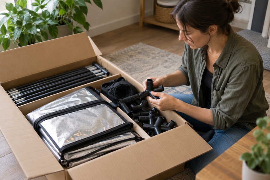 Gardener inspecting boxed tent parts before assembly