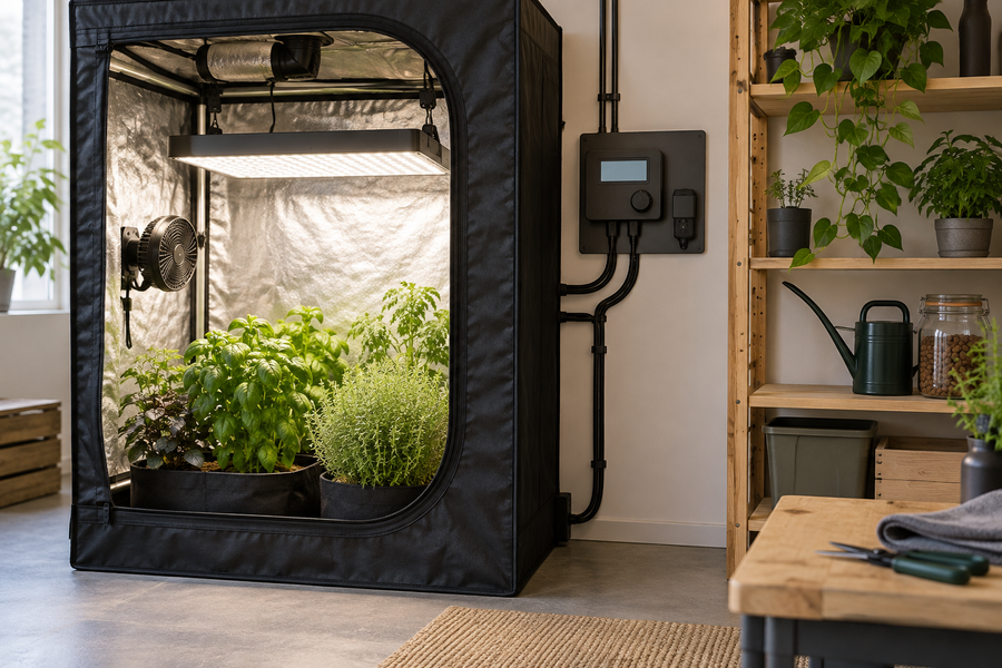 A garden tent beside an outside control panel with organized cables