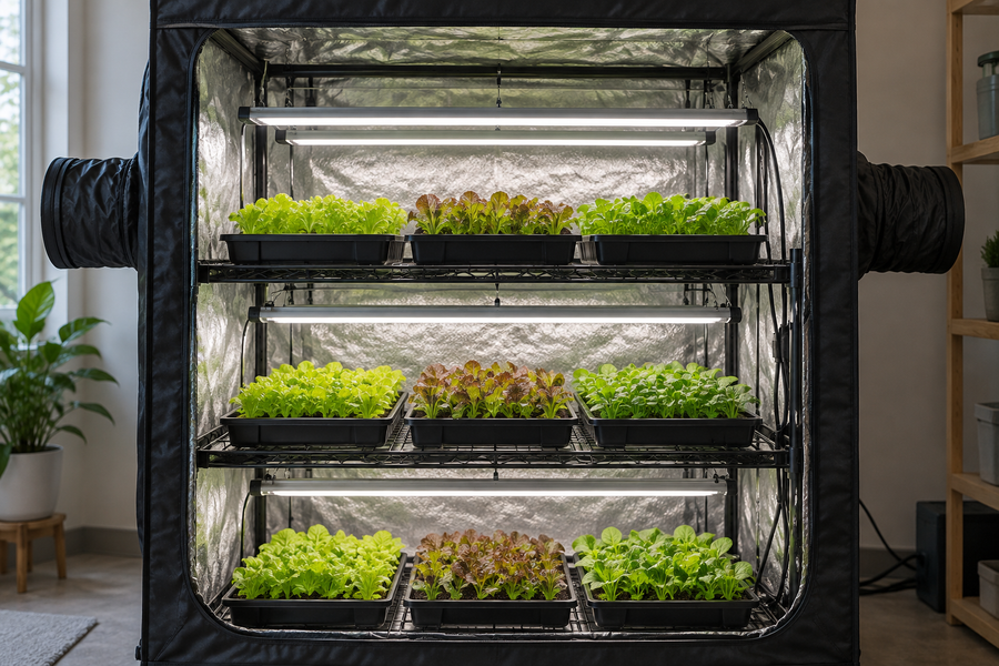 Seed trays on several shelves inside a fabric enclosure