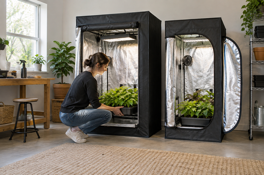 Two enclosure door layouts with removable plant trays
