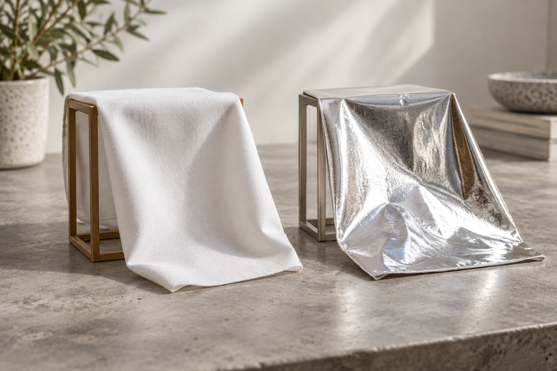 White fabric and silver reflective material samples on a counter