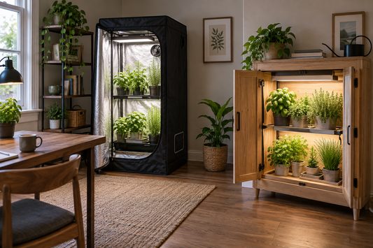 A fabric garden tent and a wooden plant cabinet in a living area