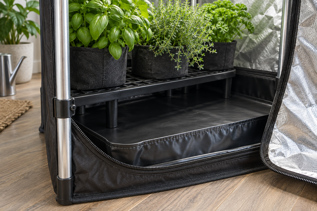 Raised floor tray and frame corner below potted herbs
