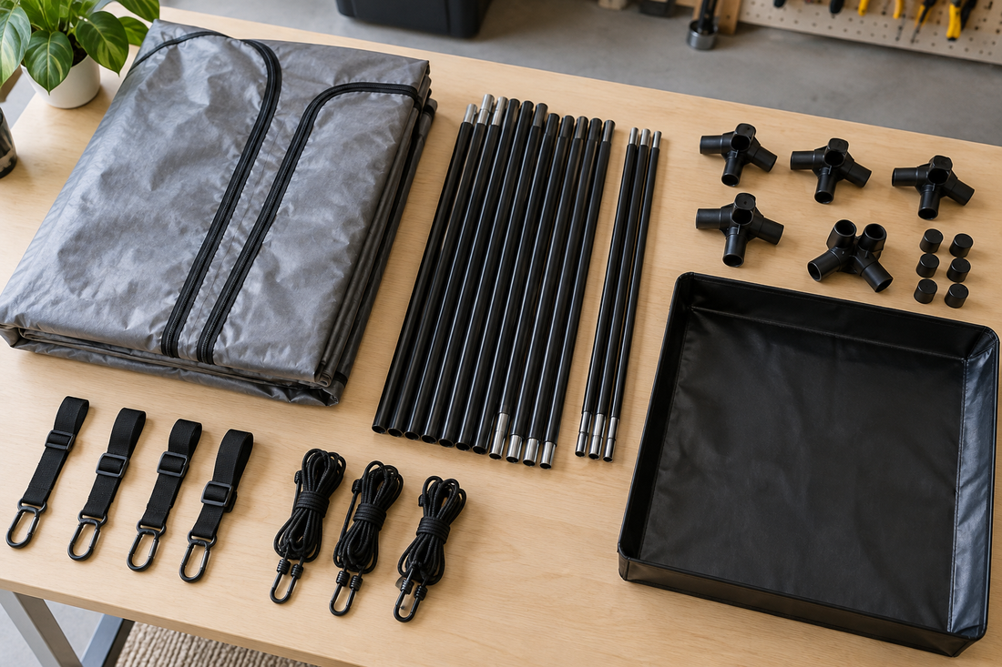 Fabric enclosure components laid out for a package check