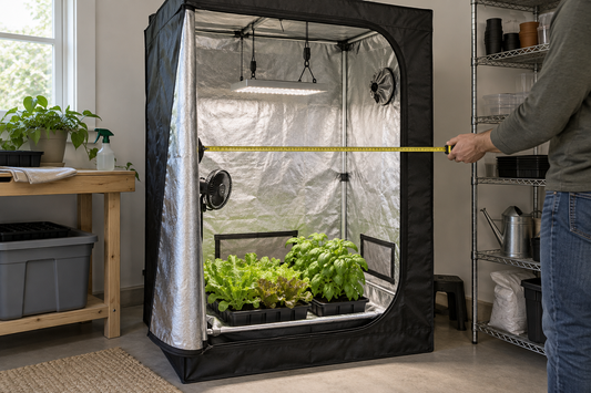 Gardener measuring the opening of a fabric tent with herb and lettuce trays