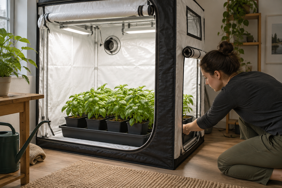 White-lined enclosure with accessible side opening and herb plants