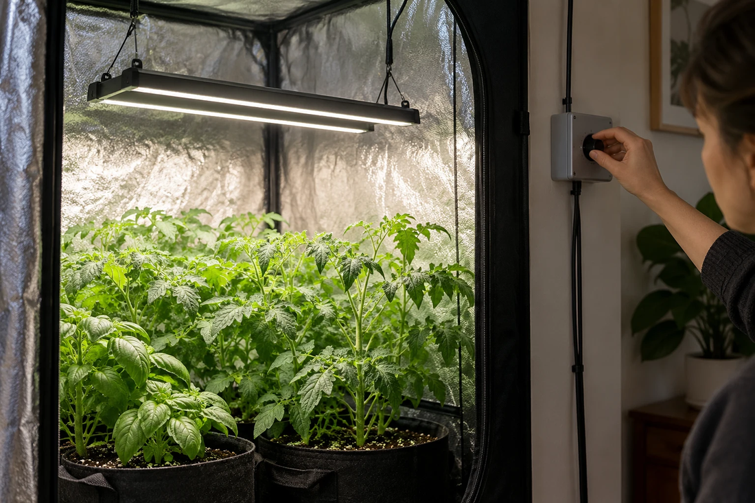 Illustrative indoor canopy and an external control adjustment