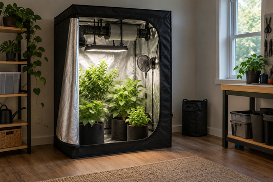 Illustrative open grow tent with a clear maintenance aisle