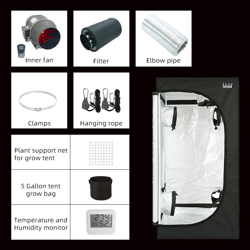 TheOneGrow 3x3 Grow Tent Kit – Complete Ventilation Set with 4" Inline Fan, Carbon Filter, Ducting, Timer & Trellis Net