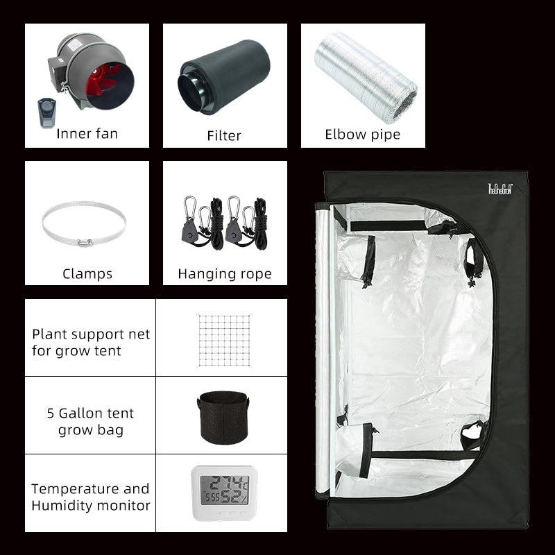TheOneGrow 4x4 Grow Tent Kit – Complete Ventilation Set with 4" Inline Fan, Carbon Filter, Ducting, Timer & Trellis Net