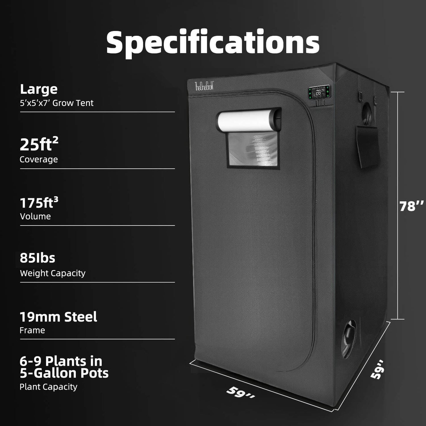 5x5 Grow Tent | 600D Mylar, 59×59×80 in