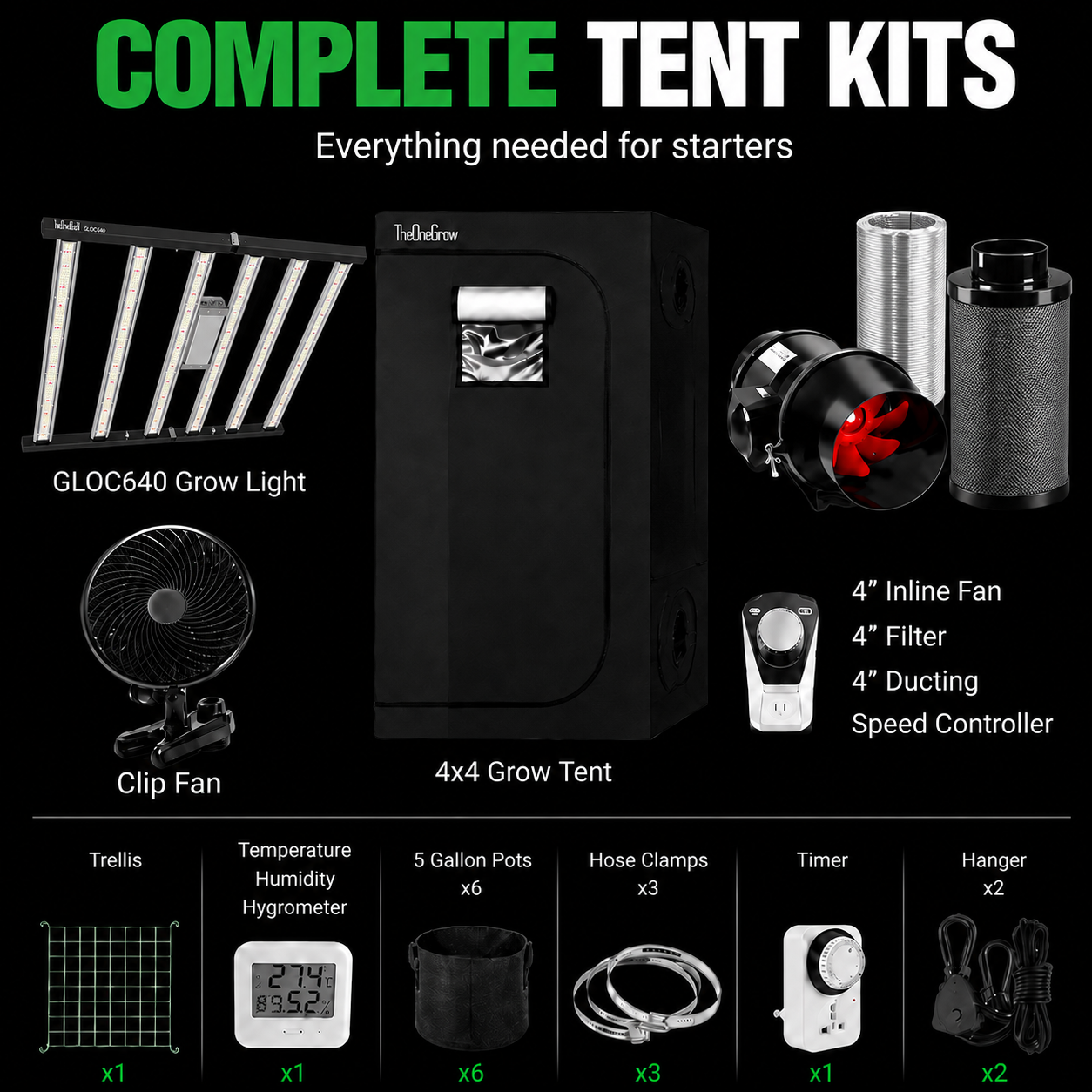 4x4 Complete Grow Tent Kit  With OC640 LED Grow Light