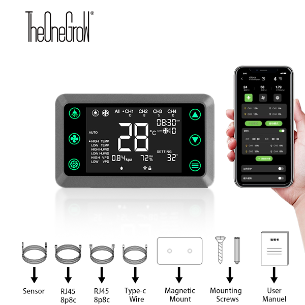 TheOneGrow Smart Tent Controller – Auto VPD & Lighting Manager for Grow Tents, APP WiFi/Bluetooth Control, 4-Channel Dimming, 10-Speed Fan Control, VPD & Temp/Humidity Tracking