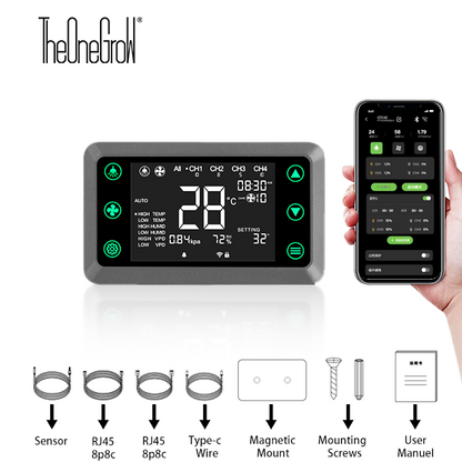 TheOneGrow Smart Tent Controller – Auto VPD & Lighting Manager for Grow Tents, APP WiFi/Bluetooth Control, 4-Channel Dimming, 10-Speed Fan Control, VPD & Temp/Humidity Tracking