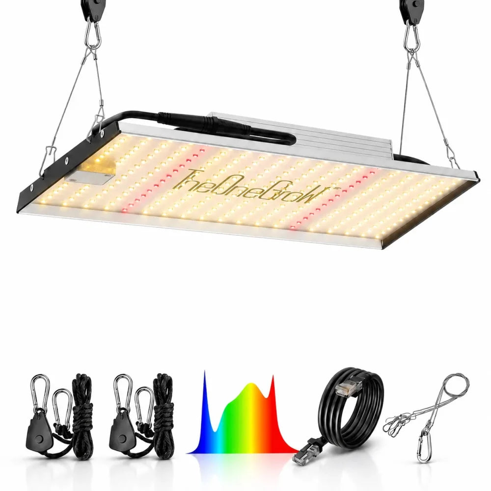 MA120 120W LED grow light with hanging hardware, control cables and spectrum graphic