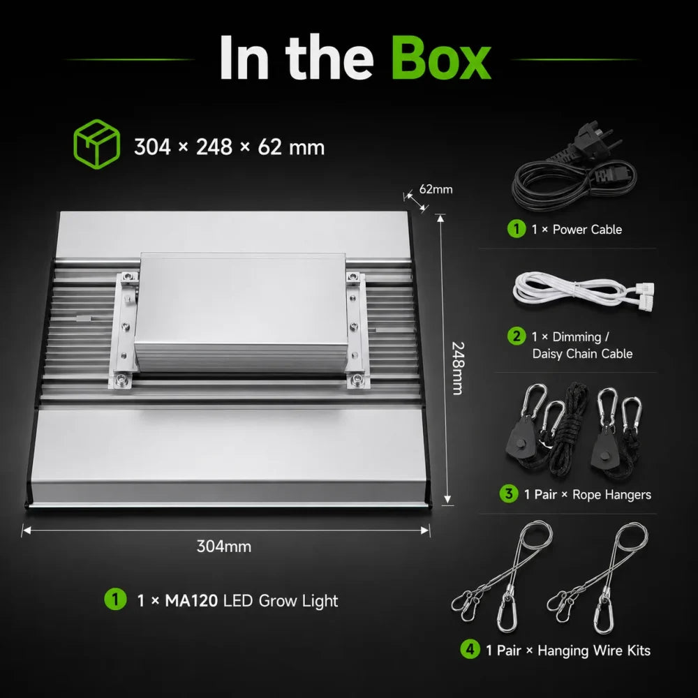 MA120 LED grow light dimensions and included accessories