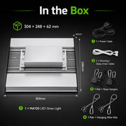 MA120 LED grow light dimensions and included accessories