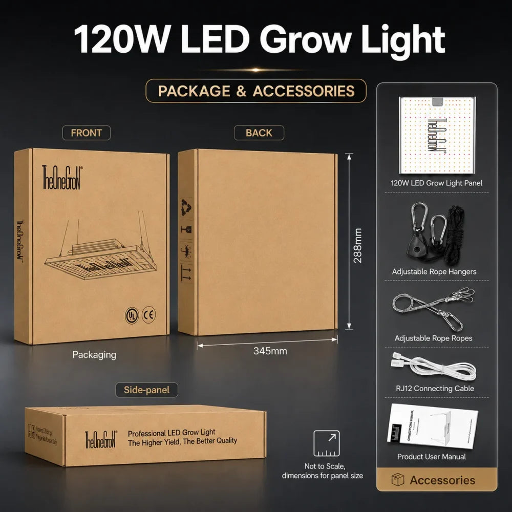 MA120 120W LED grow light retail package and included accessories