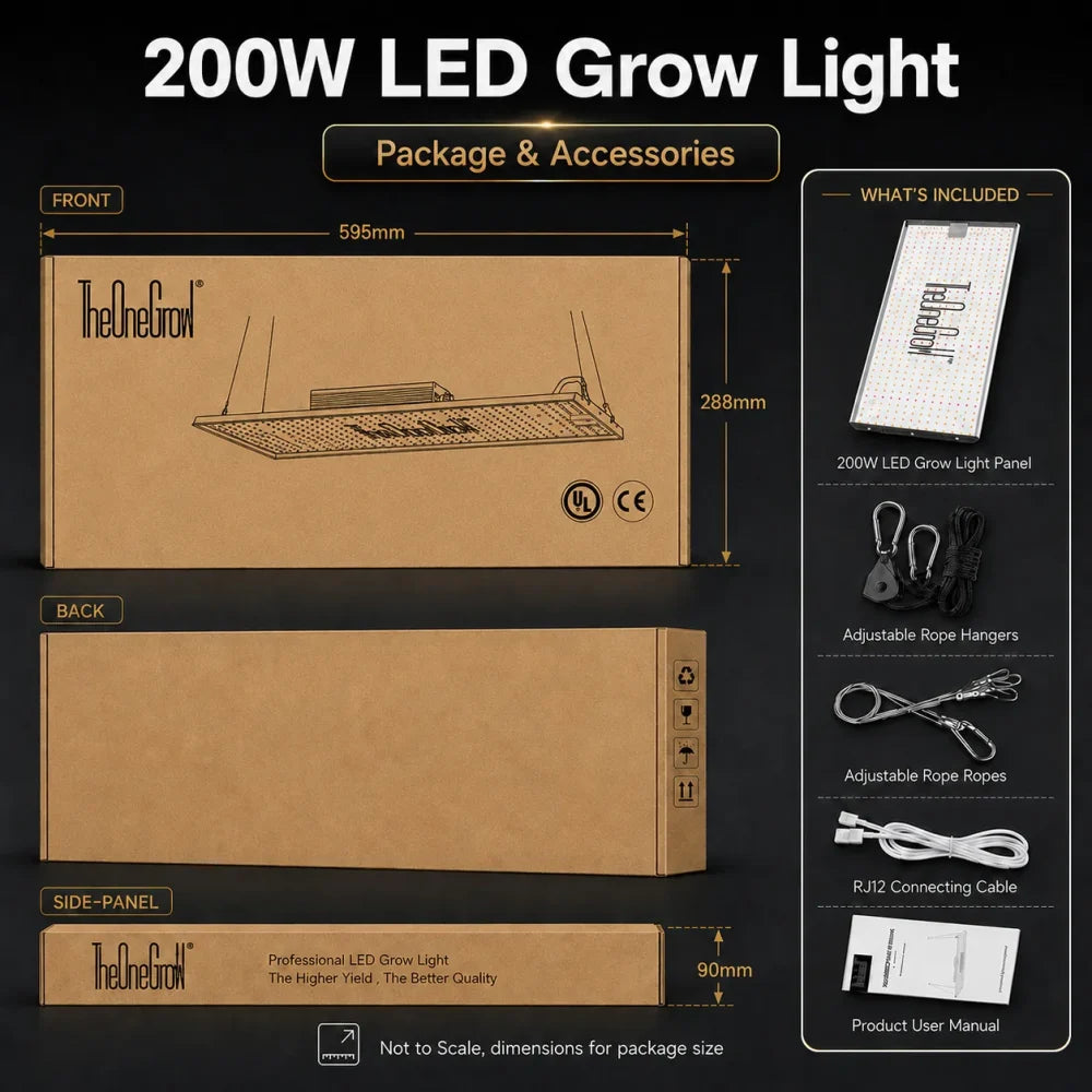 MA200 200W LED grow light retail package and included accessories
