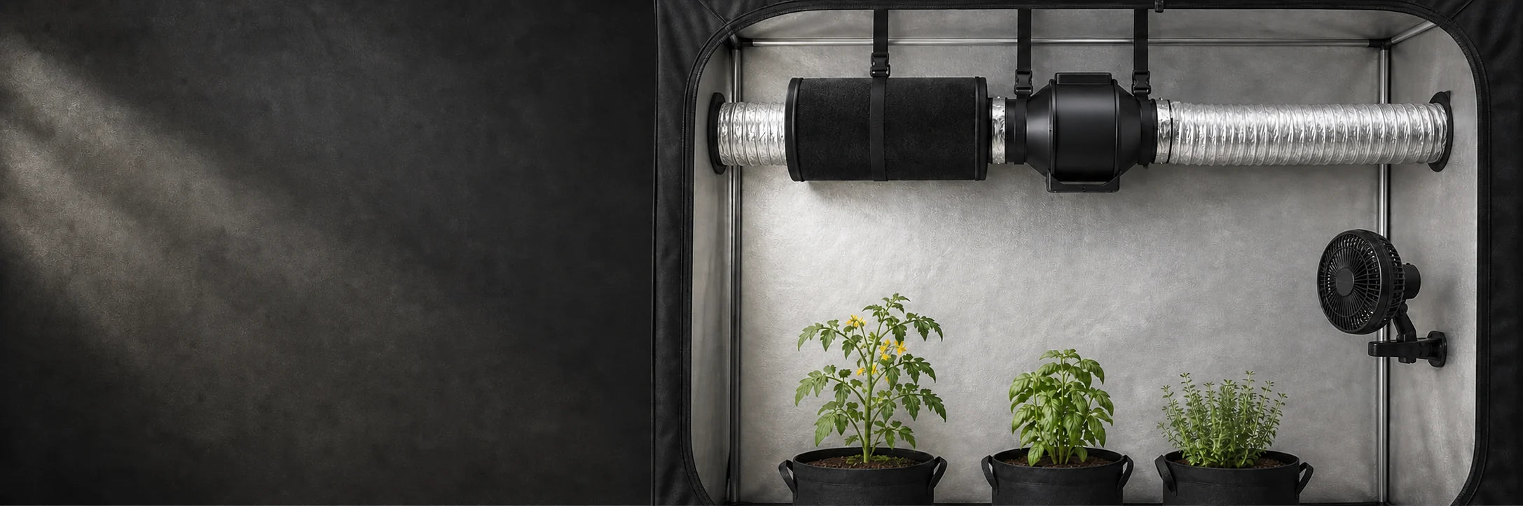 Connected grow tent ventilation system with carbon filter, inline fan, ducting and clip fan