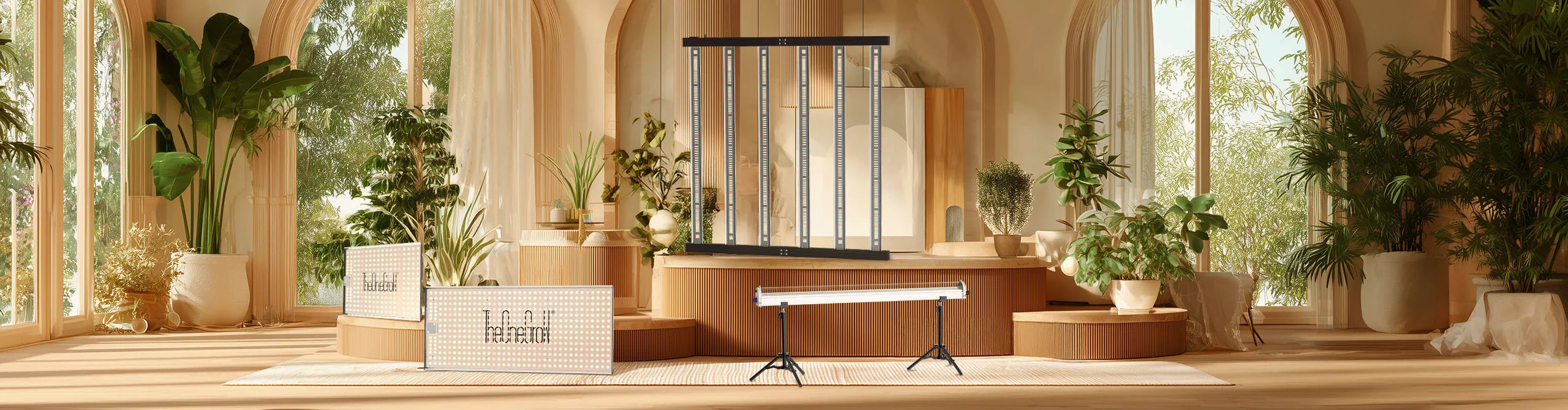 TheOneGrow LED grow light range displayed in a bright indoor growing room